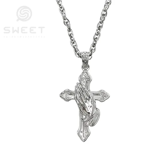 Cross Christ Jesus Praying Hands Stainless Steel Necklace Pendant for Men