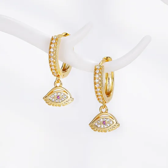 Middle East Style Brass 18K Gold Zircon Hoop Earrings Women′s Evil Eye Earrings Gold Plated