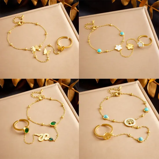 Stainless Steel Gold Plated Ring and Braceletjewelry Bracelet for Women Party Gifts