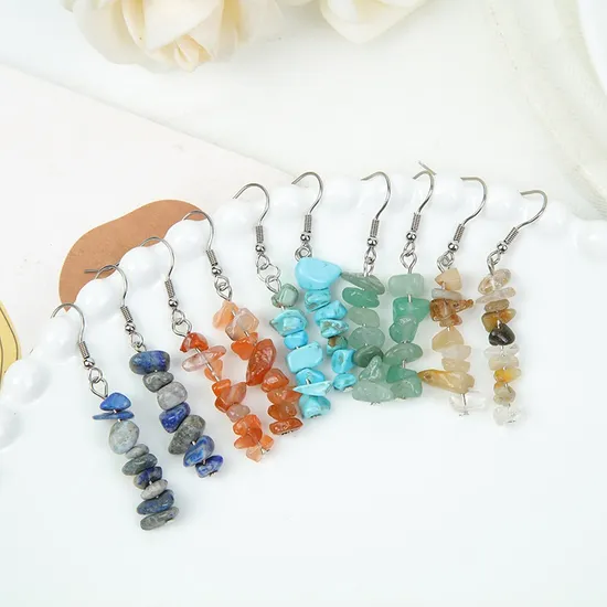 Natural Energy Healing Crystal Stone Gemstone Chips Tassel Dangle Drop Earrings
