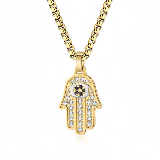 Fashionable Silver Jewelry Alin 18K Gold Plated Fatima′s Hand Hipo Hop Necklace Black Eyes Guardian Neck Chains Custom Diamond Pendants for Gift