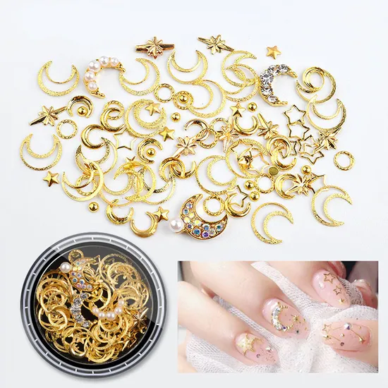 Nail Art Mix 3D DIY Hollow Metal Frame Nail Art Decoration Sticker Star Moon Flat Bottom Crystal Different Size Mixed 1440PCS a Bag of Nail Art Accessories