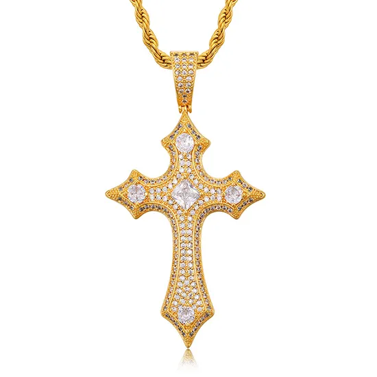 High Quality Crystal Diamond Christian Religion Jewelry Gold Plated Stainless Steel Chain Cross Pendant Necklace 