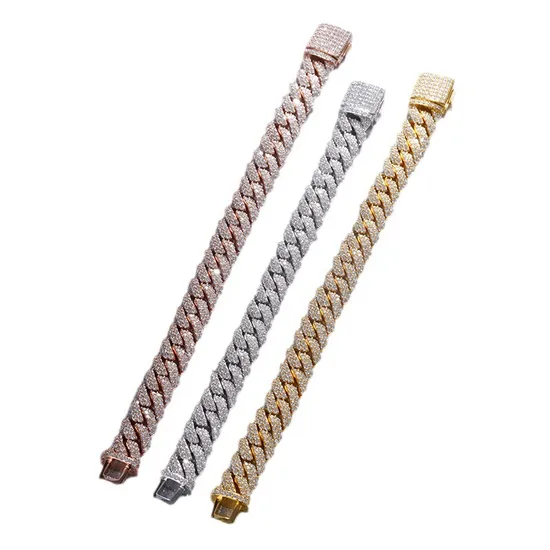 Fashion Jewelry 925 Sterling Silver Hip Hop Cuba Bracelet with Moissanite in Rhodium for Man 