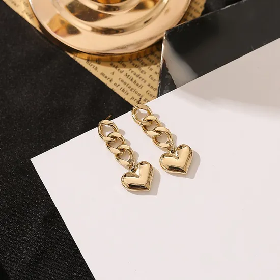 Trendy 18K Gold Plated Side Chain Pendant Earring Jewelry Stainless Steel Glossy Heart Tassel Dangle Drop Stud Earrings 