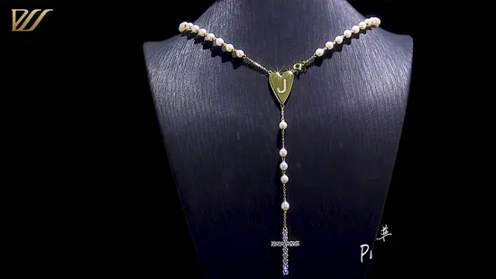 Jewelry Cross Diamond + J Letter Heart Shaped Freshwater Pearl Pendant Necklace Charm 18K Gold Plated Women Necklace 