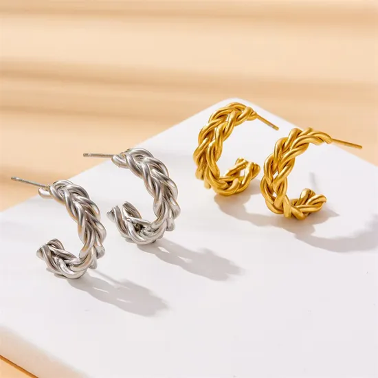 Twist Rope Shape Gold Hoop Earrings Fashion Ins Style Double Layer C