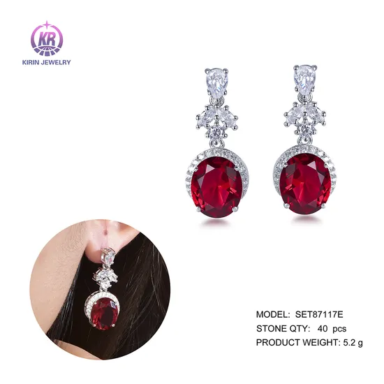 Sterling Silver Earrings 925 Flower Earrings Red Corundum CZ Crystal Dangle Earrings 