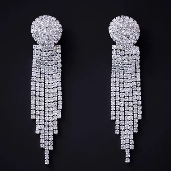 Exaggerated Silver Needle Long Drop Full Diamond Tassel Earrings 