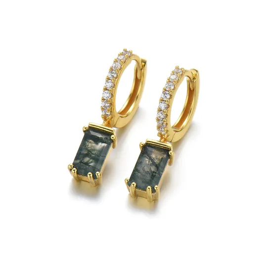 Joacii 925 Sterling Silver 18K Gold Plate Geometric Rectangular Gemstone CZ Zircon Moss Agate Pendant Hoop Earrings 