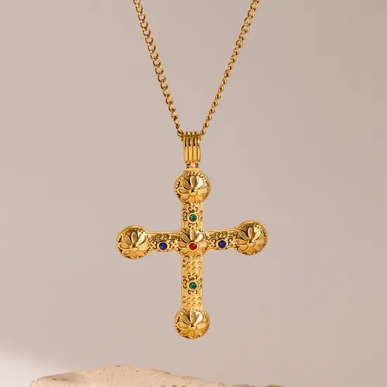 18K Gold Stainless Steel Bamboo Cross Pendant Necklace Cuban 50cm Chain Jewelry 