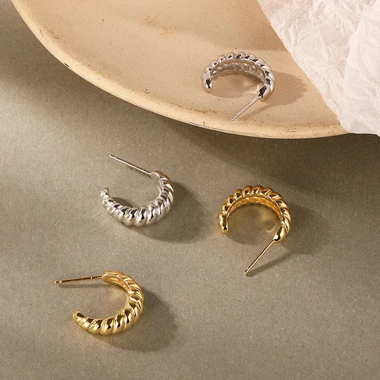 925 Sterling Silver Heavy Punk Shape Gold Twist Hoop Earring 