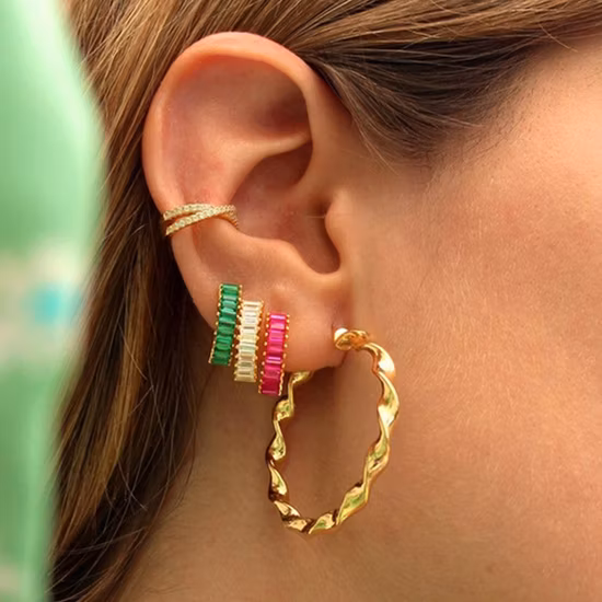 Fashion Earrings Multi Color Choice Synthetic Baguette Gemstone Brass Earring Gold/Rhodium Plated Jewelry Hoop Earring