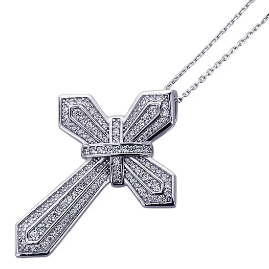 Fashion Jewelry Sterling Silver Round CZ Set Cross Pendant Necklace 