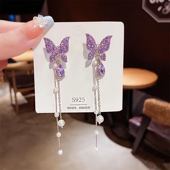 New Fashion Long Tassel Purple Butterfly Summer Jewelry Drop Earrings 