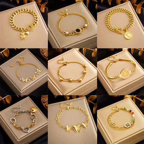 18K Gold Plated Stainless Steel Bracelet Chain Diamond Fashion Accessory 