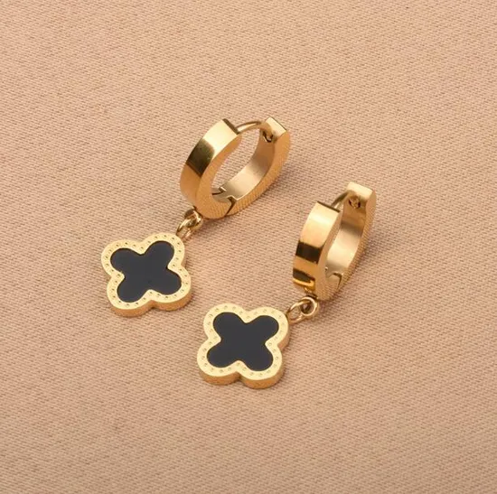 Hot Sale Fine Jewelry Smooth Solid Circle Stainless Steel Rose Gold Clover Hoop Hanging Earrings 