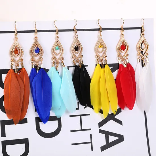 Women Faux Feather Earrings Dream Catcher Earring Tassel Drop Earrings with Diamond Decor 